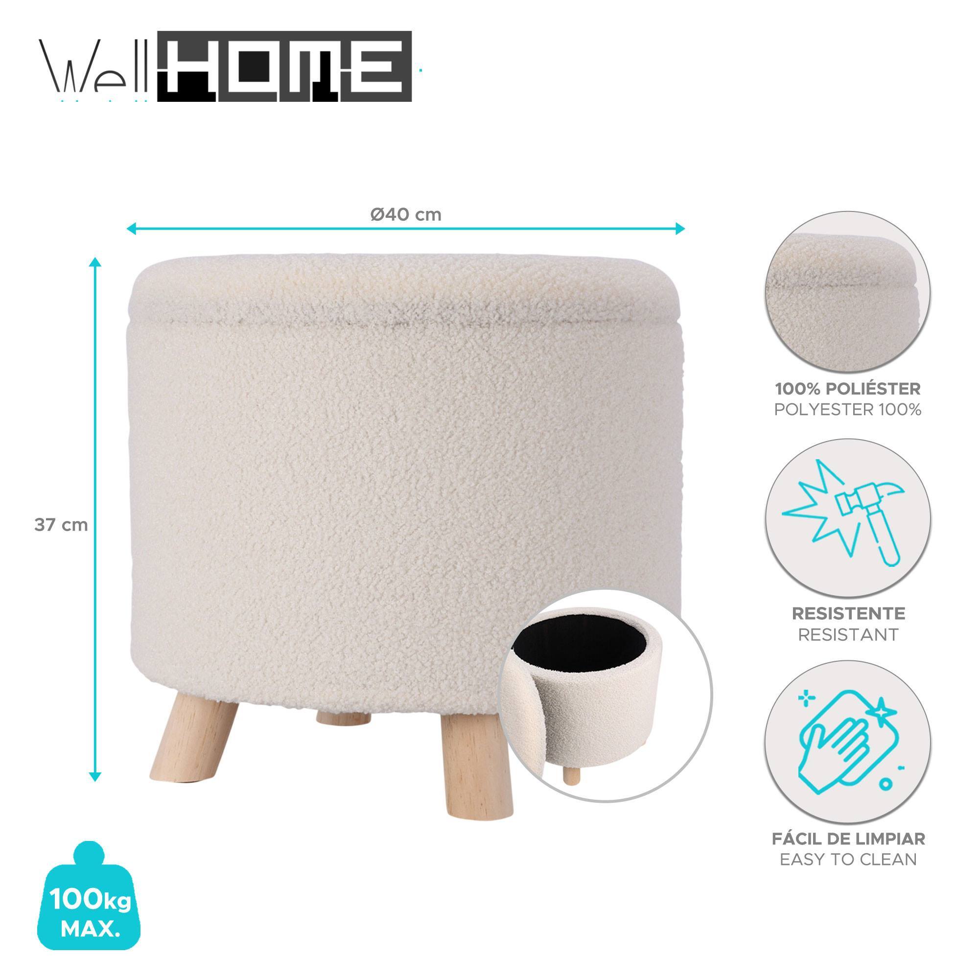 Taburete de almacenamiento 100% poliéster 40x37cm en color blanco y patas de madera