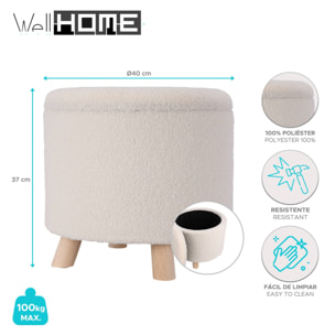 Taburete de almacenamiento 100% poliéster 40x37cm en color blanco y patas de madera