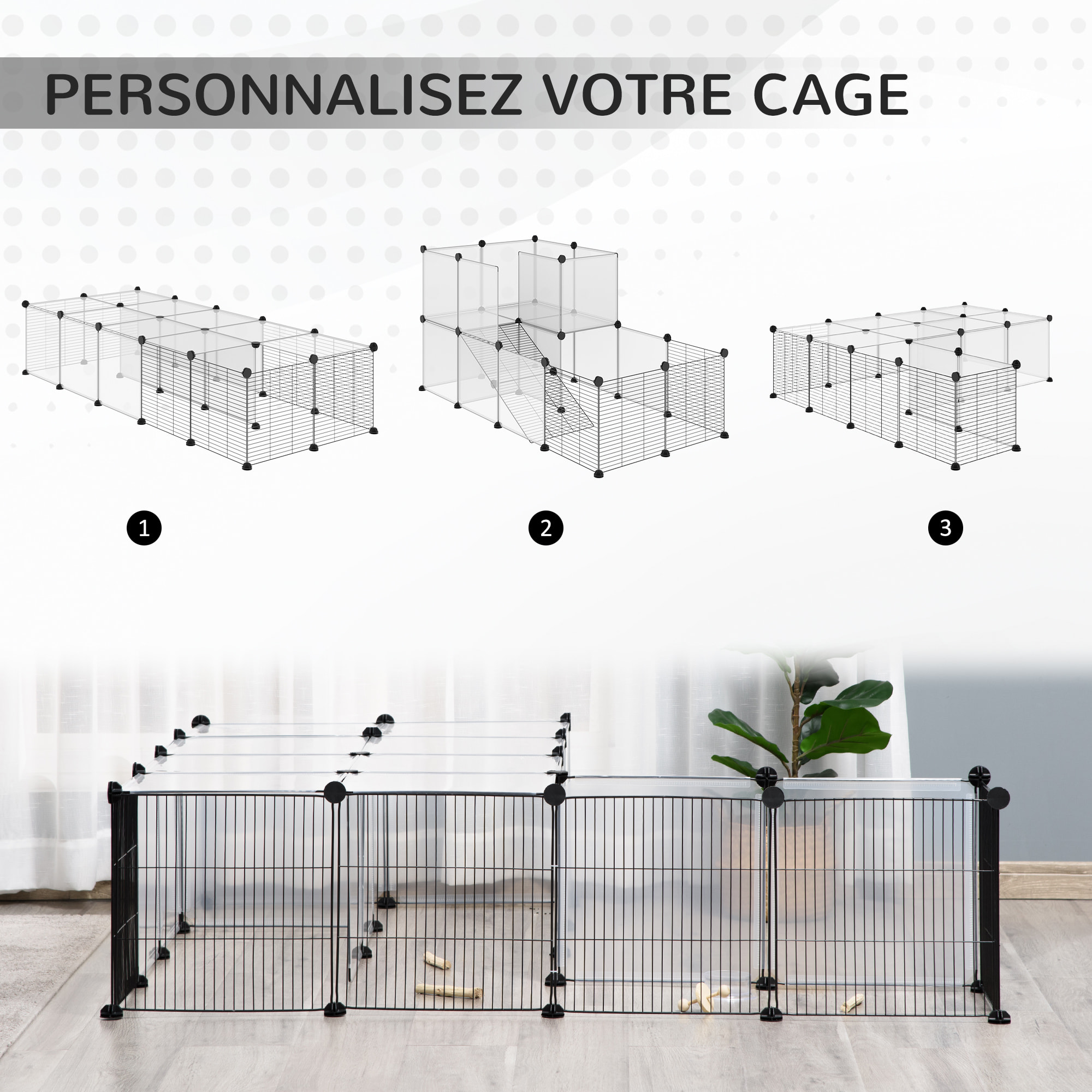 PawHut Cage parc enclos modulable petits animaux de compagnie - dim. standards 140L x 70l x 70H cm - 27 panneaux bords arrondis - résine PP fils d'acier noir