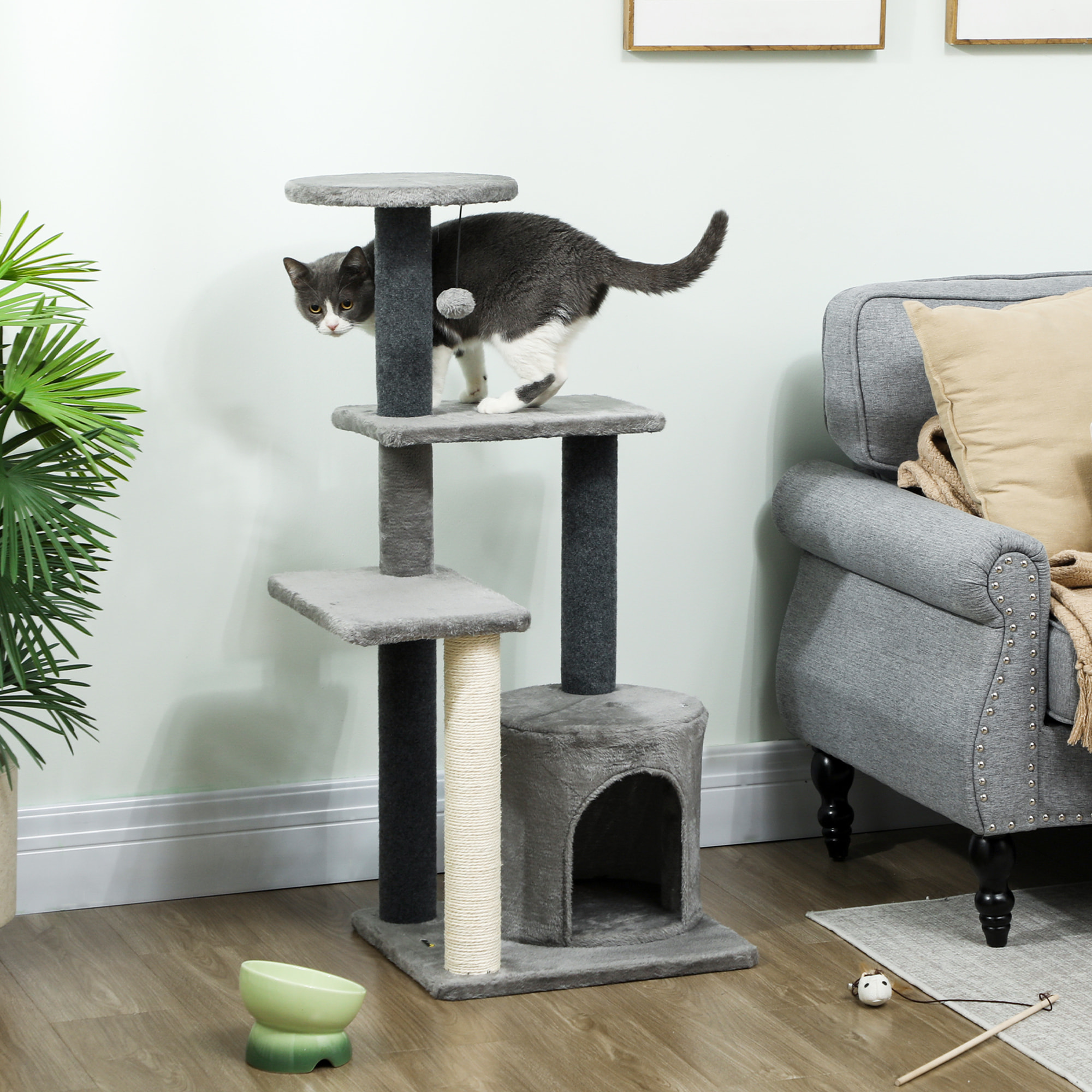 Arbre à chat gris niche 3 plateformes griffoir boule