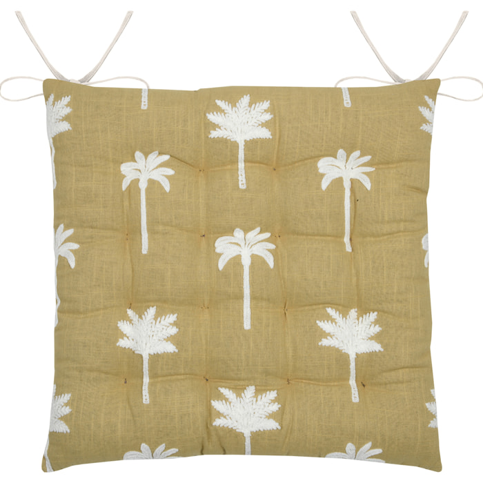 Galette de chaise brodée à motifs palmiers - Jaune moutarde
