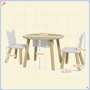 Ensemble table chaises enfant design ourson scandinave - rangement table intégré - aspect bois blanc