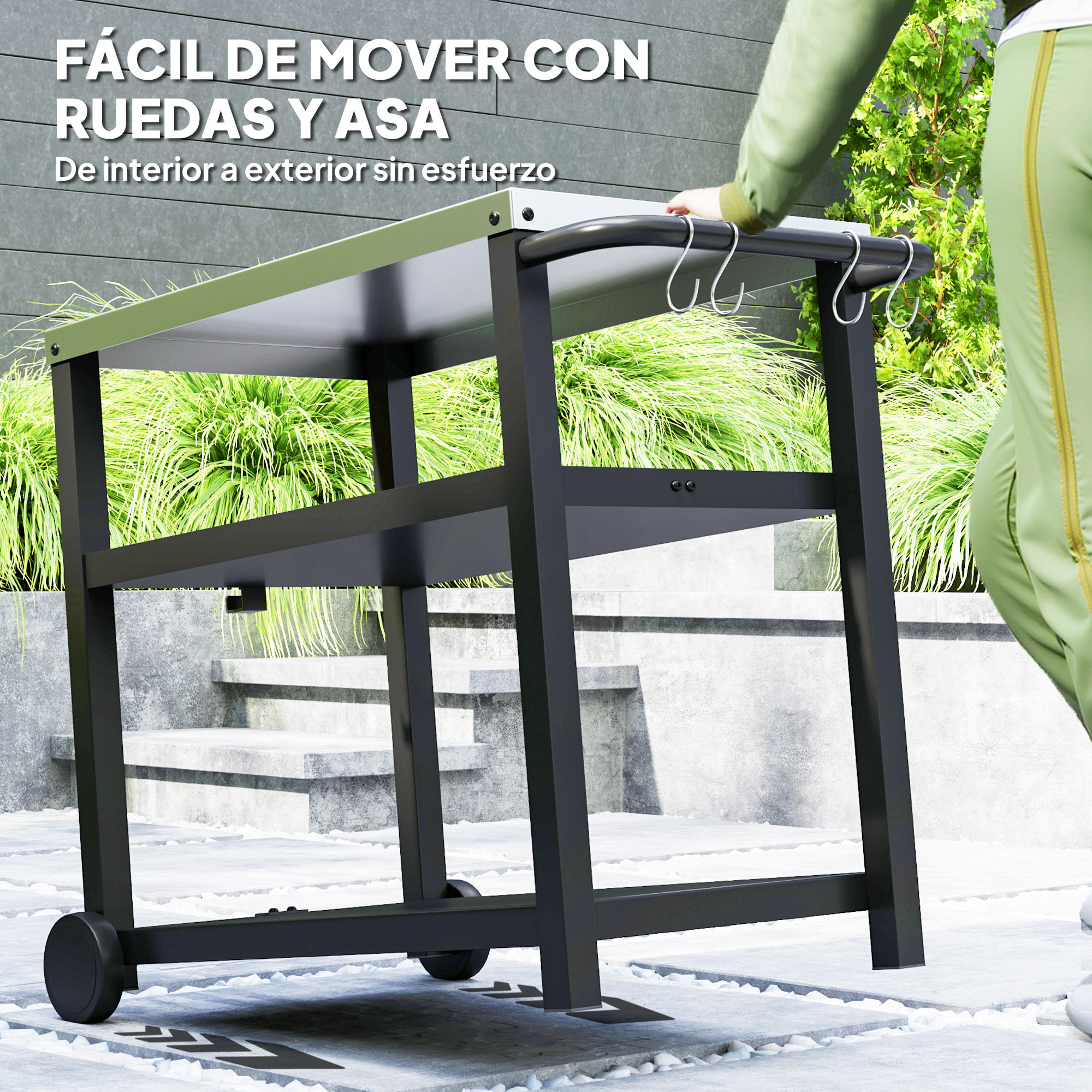 Carrito de Parrilla de 3 Niveles Carrito de Barbacoa Carro de Servicio con 2 Ruedas Estantes Encimera de Acero Inoxidable y Asa Mesa de Horno de Pizza para Jardín Patio Gris Carbón