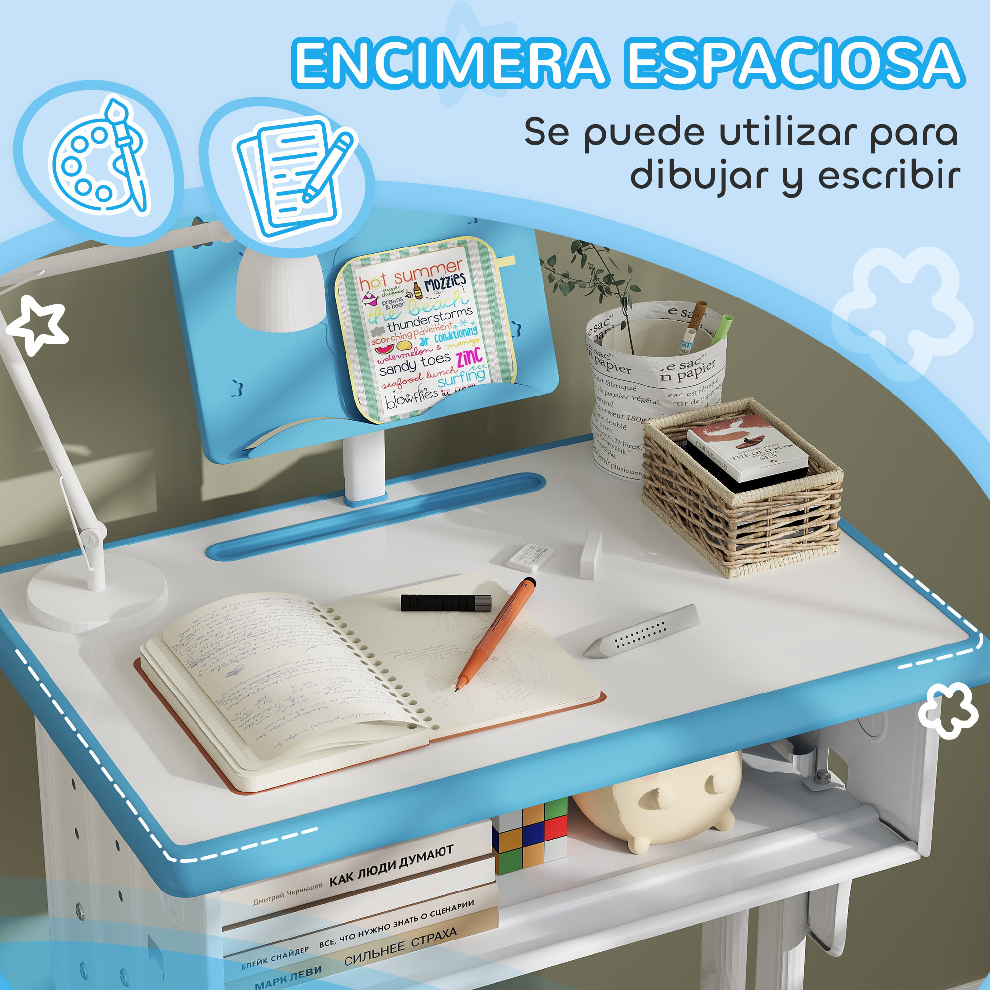 Juego de Escritorio y Silla para Niños de 6-12 Años Pupitre Infantil Altura Ajustable con 1 Cajón 1 Ranura para Lápiz y 1 Estante para Libros Acero 60x45x90-102 cm Azul