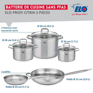 Ensemble de 2 Poêles de cuisson 24 et 32 cm et 3 faitouts 16, 20 et 26 cm Elo Profi Citrin