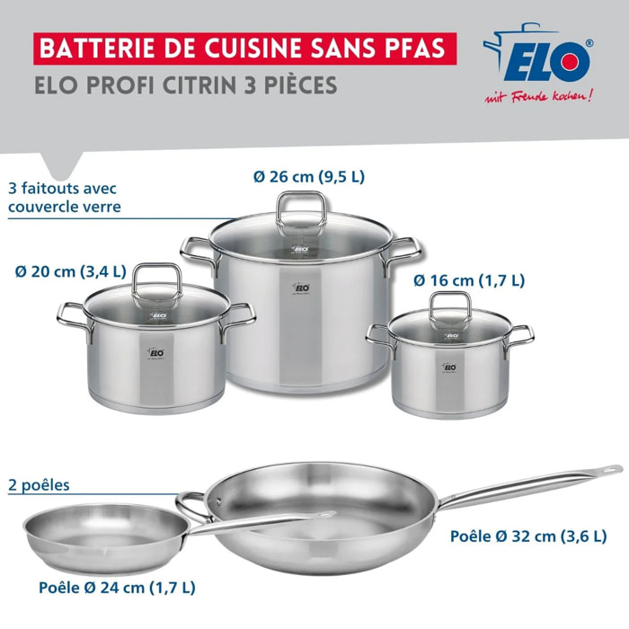 Ensemble de 2 Poêles de cuisson 24 et 32 cm et 3 faitouts 16, 20 et 26 cm Elo Profi Citrin