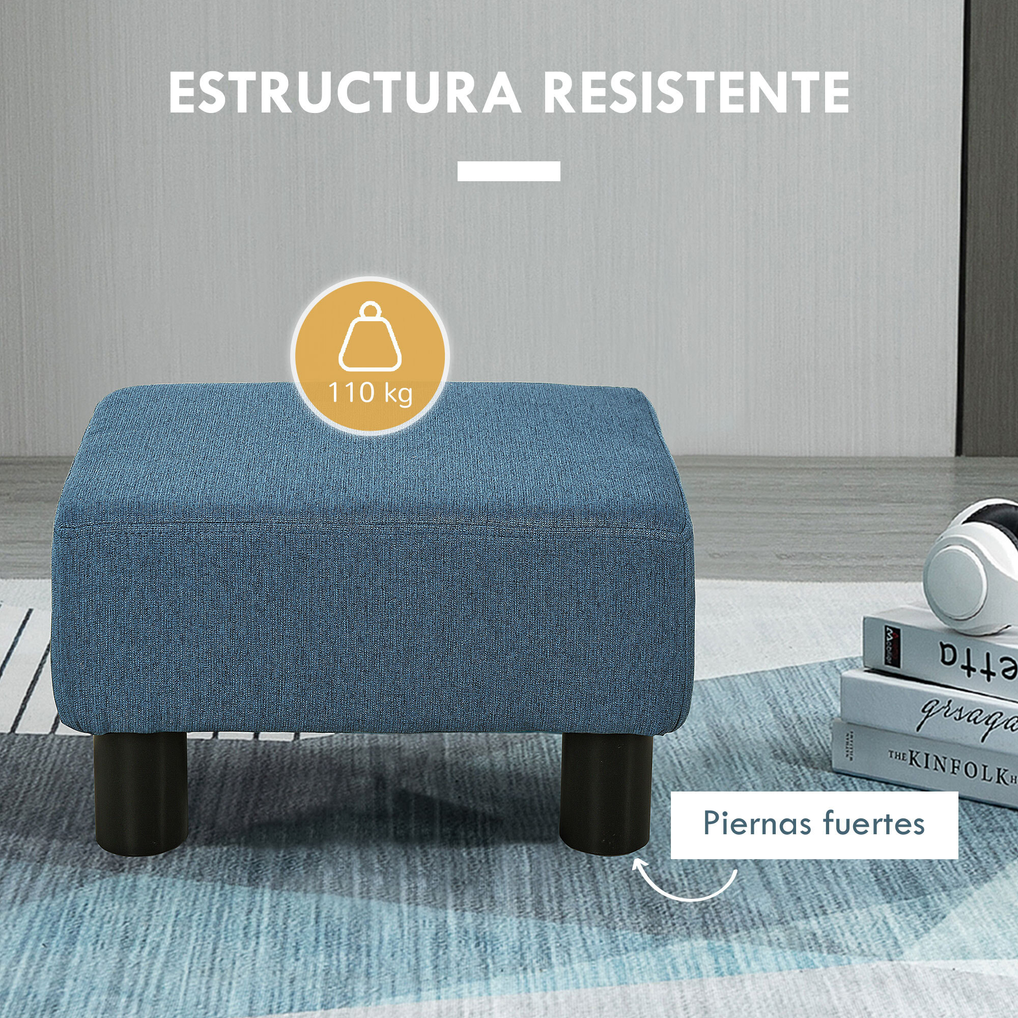 Reposapiés de Salón Taburete Bajo Tapizado en Lino Otomana Rectangular con Estructura de Madera para Sala de Estar Dormitorio Azul Oscuro