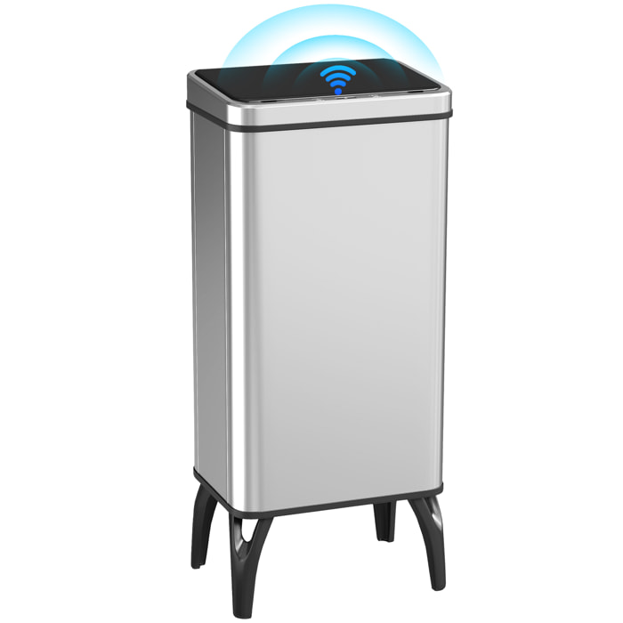 Cubo de Basura Cocina Automático 50 L, Papelera de Cocina de Acero Inoxidable con Sensor Infrarrojo, Cierre Suave, Patas, Anillo de Retención, Antihuellas, para Oficina, Hogar, Plata