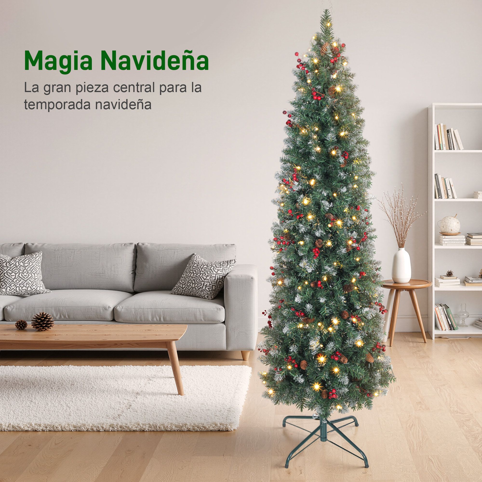 Árbol de Navidad Estrecho 180 cm, Árbol de Navidad Artificial con Luces LED Blanca Cálida, 8 Modos de Iluminación, 461 Ramas con Purpurina Plateada, Piñas, Bayas y Soporte Metálico, Verde