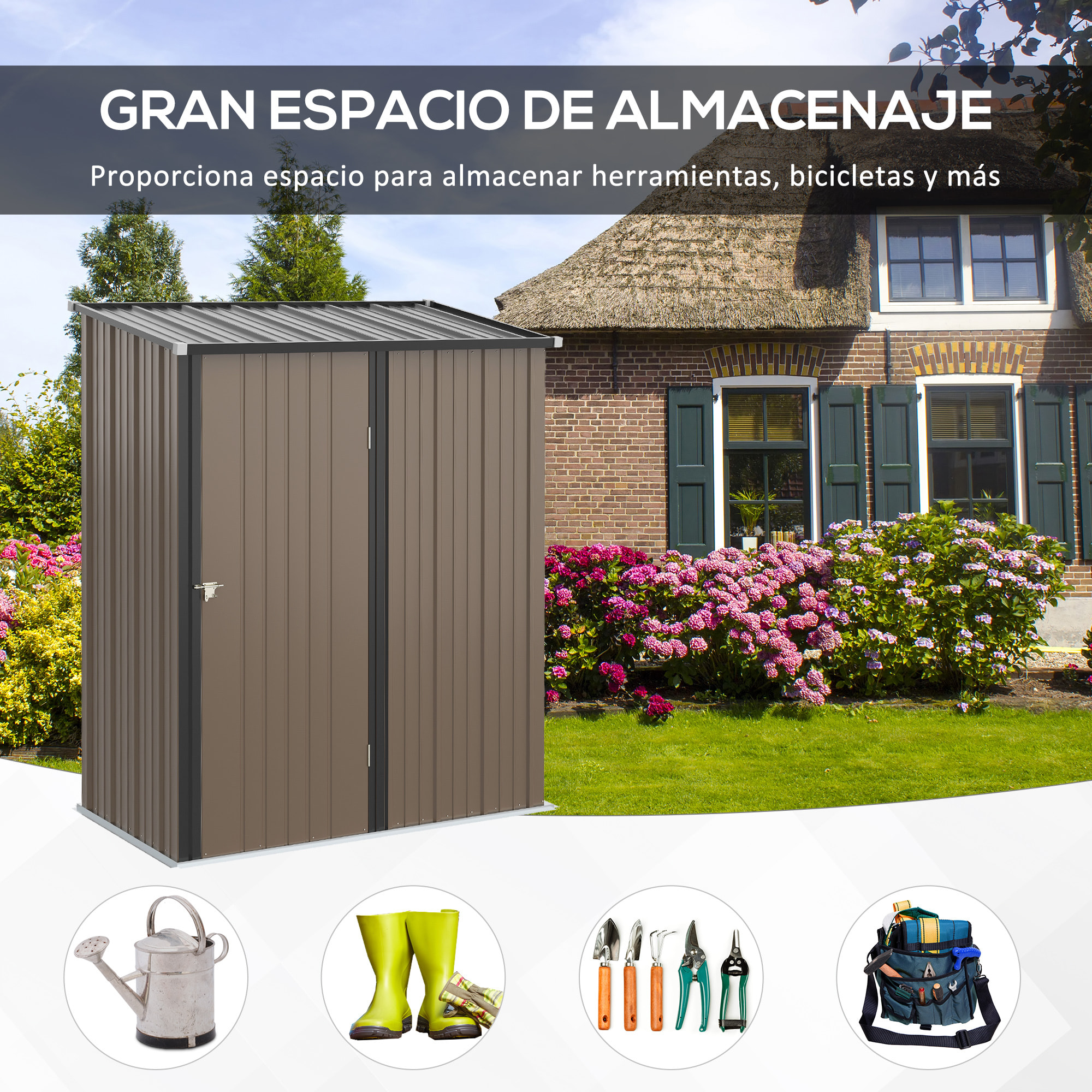 Caseta de Jardín 1,34 m² 161,5x94,5x196 cm Cobertizo Exterior de Acero Galvanizado con Puerta y Cerradura para Almacenamiento de Herramientas Marrón