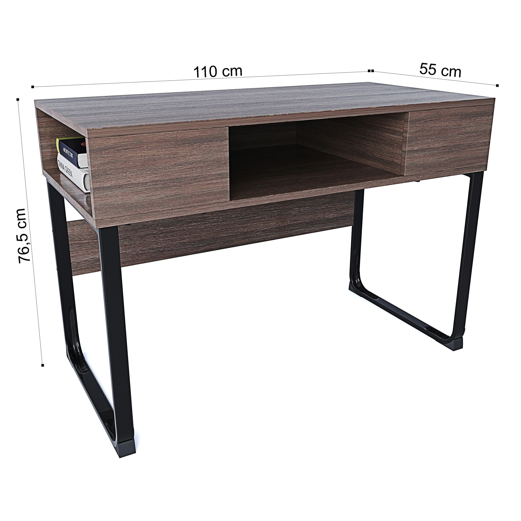 Scrivania Con 3 Ripiani Aperti Legno Gambe In Metallo Scrittoio Mobile Computer Desk Ufficio Studio Cameretta Soggiorno Design 110x76.5x55 cm Marrone