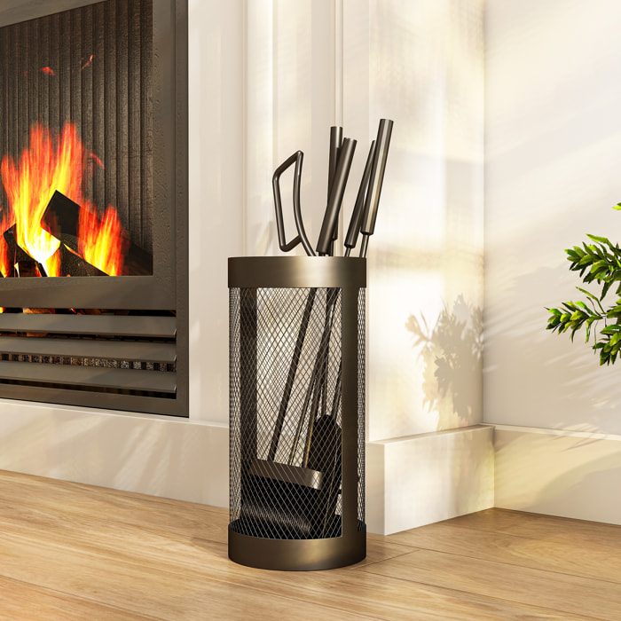 Juego Utensilios Chimenea de 5 Piezas, Juego de Accesorios para Chimenea de Metal con Escoba, Pala, Tenazas, Atizador y Soporte, Ø16x33,5 cm, Negro