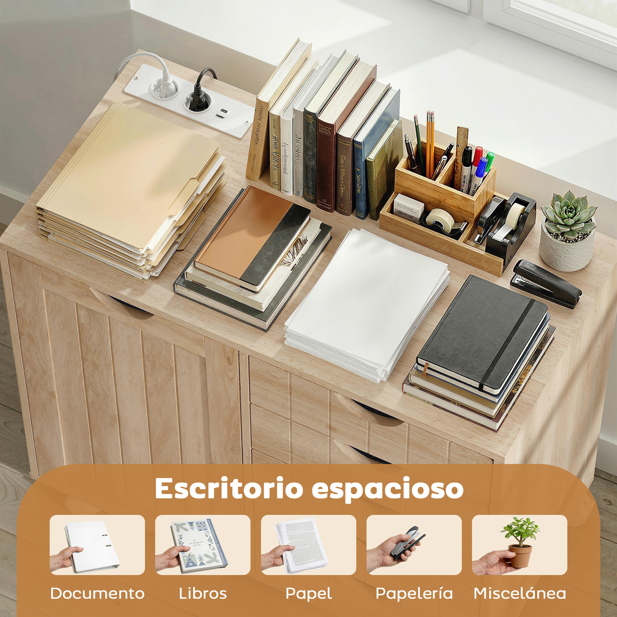 Mueble para Impresora con Estación de Carga y Ruedas, Soporte para Impresora con 5 Cajones, Puertos USB, Estante Ajustable para Oficina en Casa, Natural