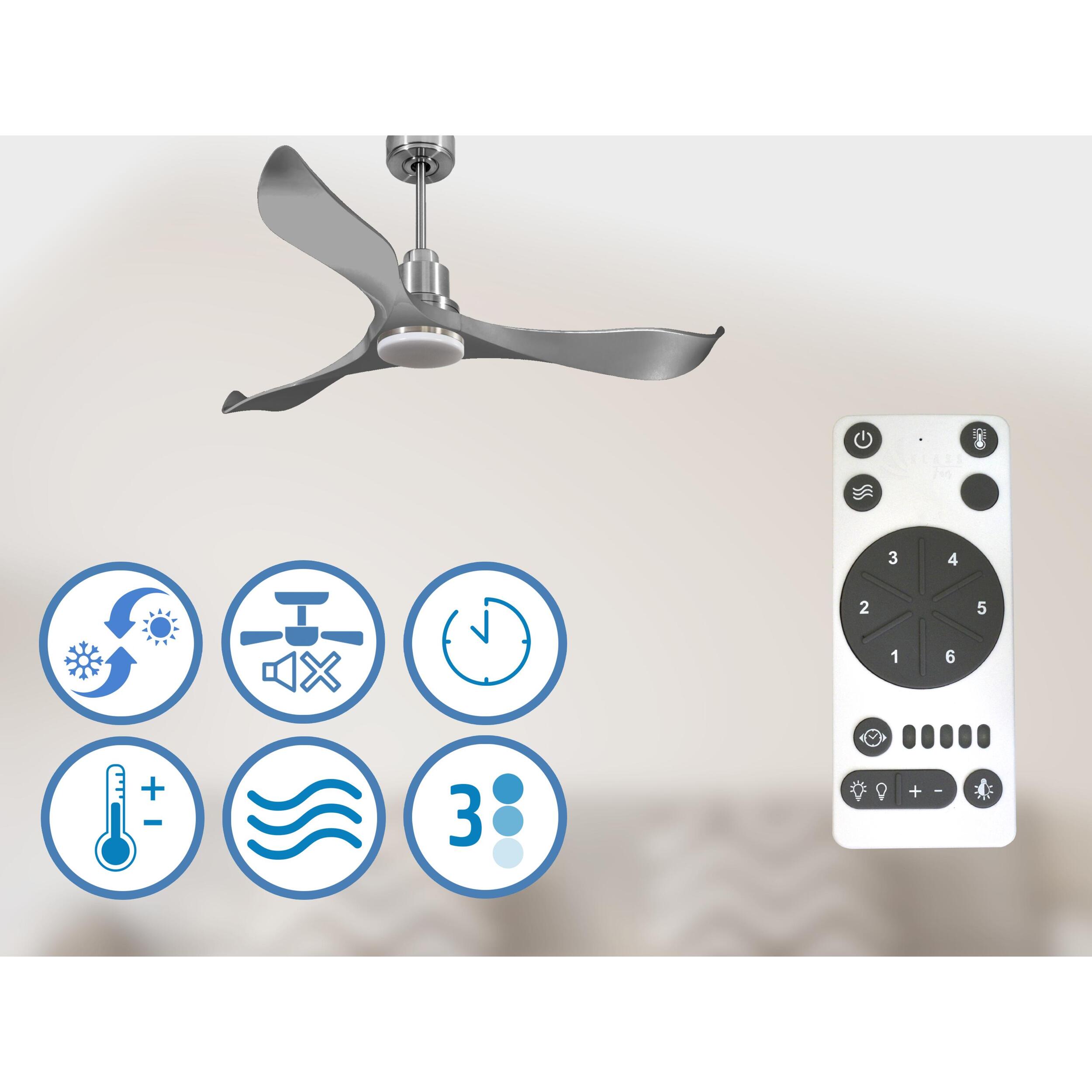 Ventilateur de plafond Réversible  Thermostat Dimmable Wifi Moteur à courant continu Toits en pente Télécommande Lumière à trois tons Hypersilence Mémoire