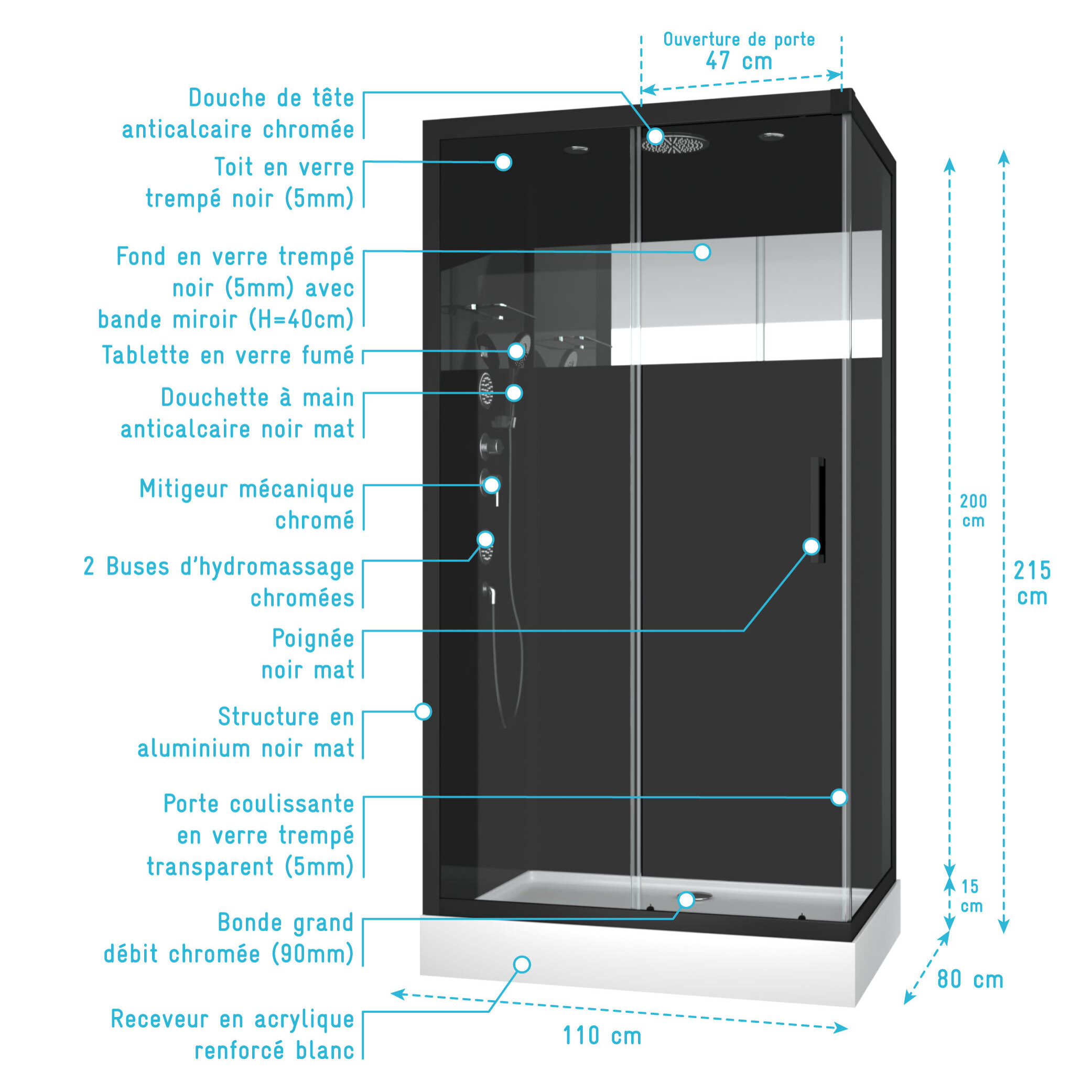 Cabine de douche MIRROR SPACE RECTANGLE rectangle 110x80x215cm