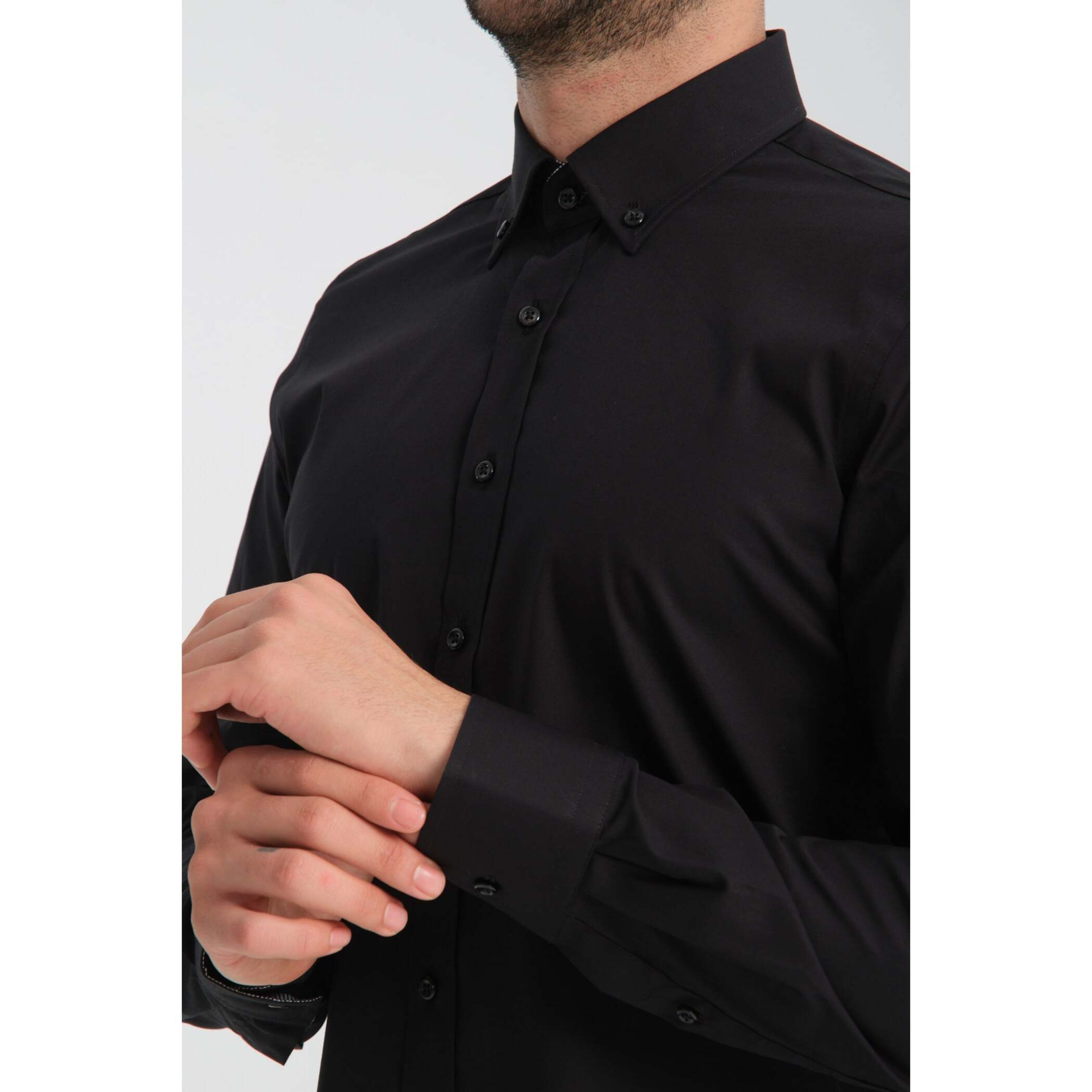 camicia uomo 1 bottone button down slim Popeline Stretch Unito Nero