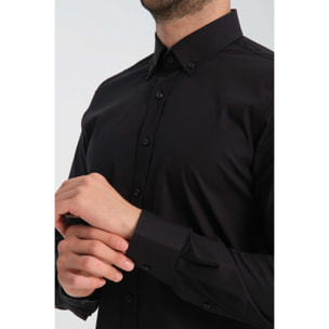 camicia uomo 1 bottone button down slim Popeline Stretch Unito Nero