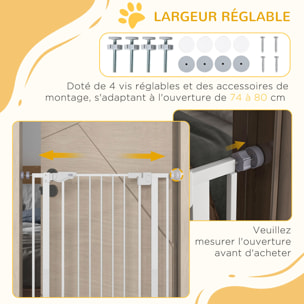 Barrière de sécurité animaux - longueur réglable dim. 74-80 cm - porte double verrouillage, ouverture double sens, petite porte -sans perçage - acier plastique blanc