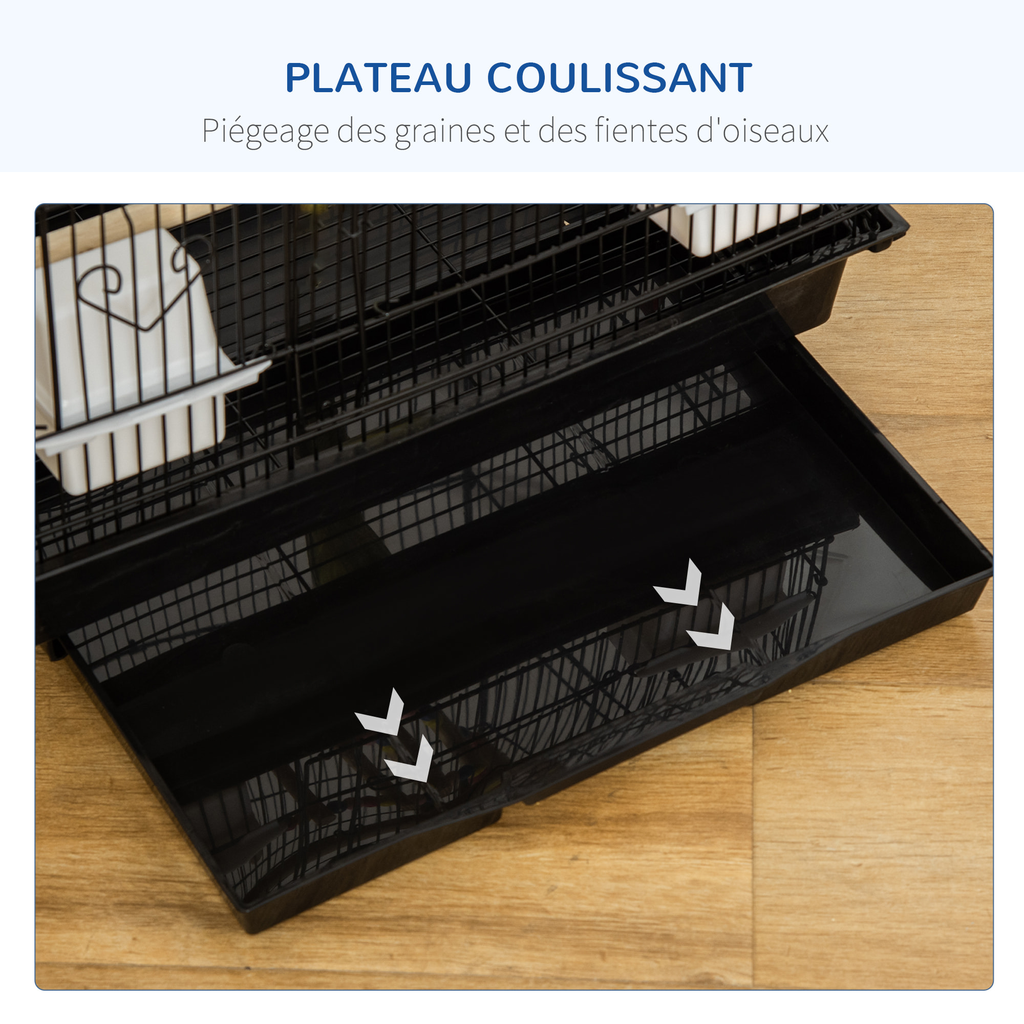 Cage à oiseaux volière dim. 46L x 36l x 100H cm - 4 mangeoires, 3 perchoirs, balançoire, 2 portes, 9 trappes, échelle, 2 jouets suspendus, plateau déjection - PP acier noir