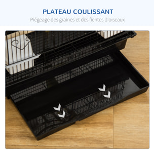 Cage à oiseaux volière dim. 46L x 36l x 100H cm - 4 mangeoires, 3 perchoirs, balançoire, 2 portes, 9 trappes, échelle, 2 jouets suspendus, plateau déjection - PP acier noir