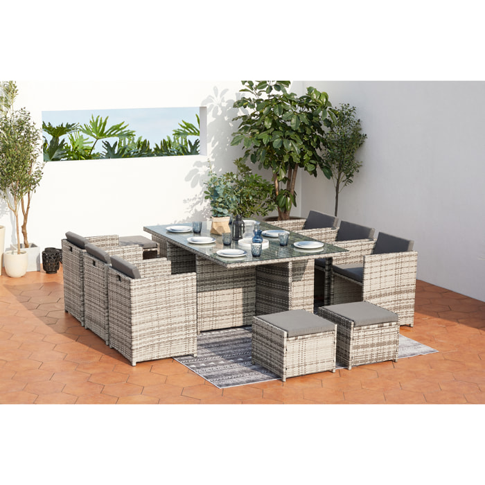 Salon de jardin encastrable 10 personnes en résine tressée gris REGINA
