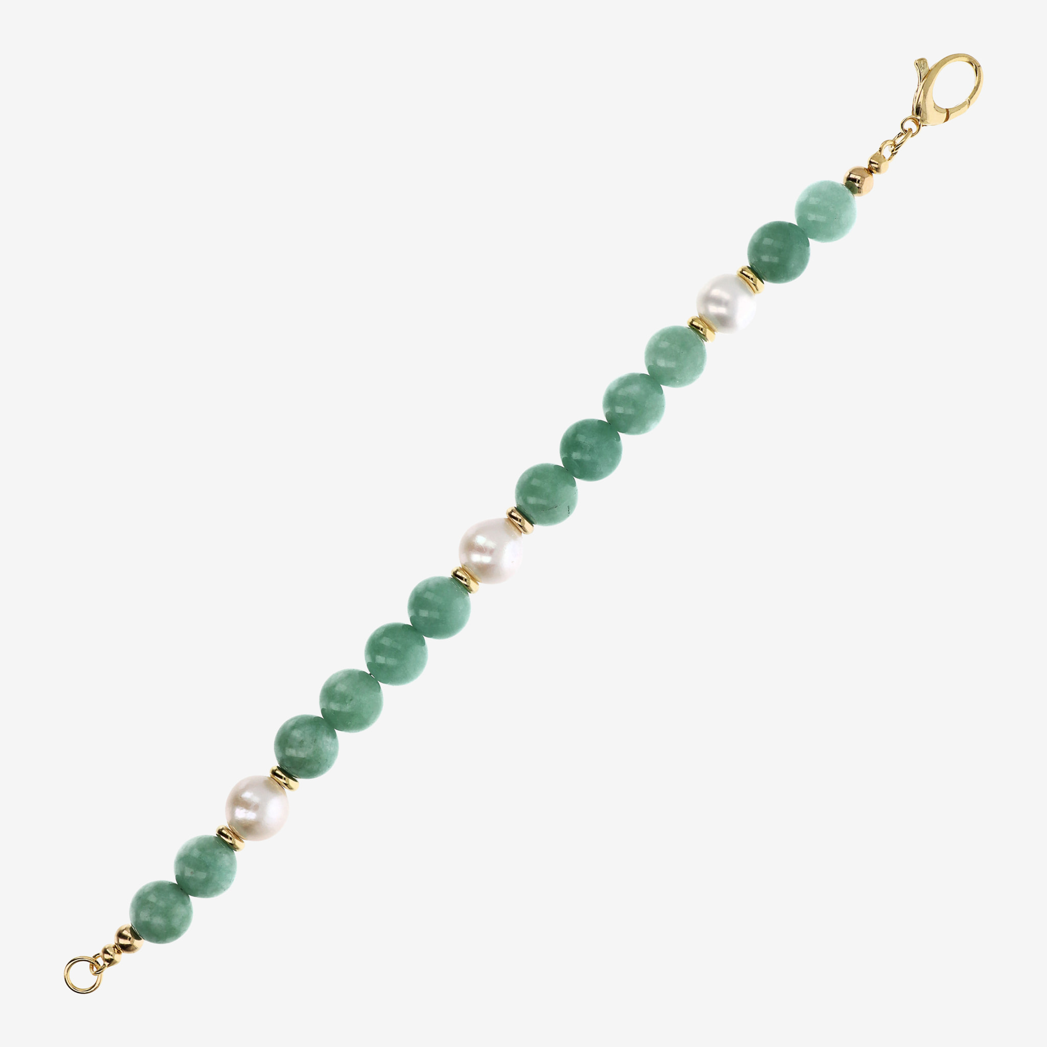 PERLAVIVA - Bracciale in Argento 925 placcato Oro Giallo 18kt con Quarzite Verde e Perle d'Acqua Dolce Bianche Ø 10/11 mm