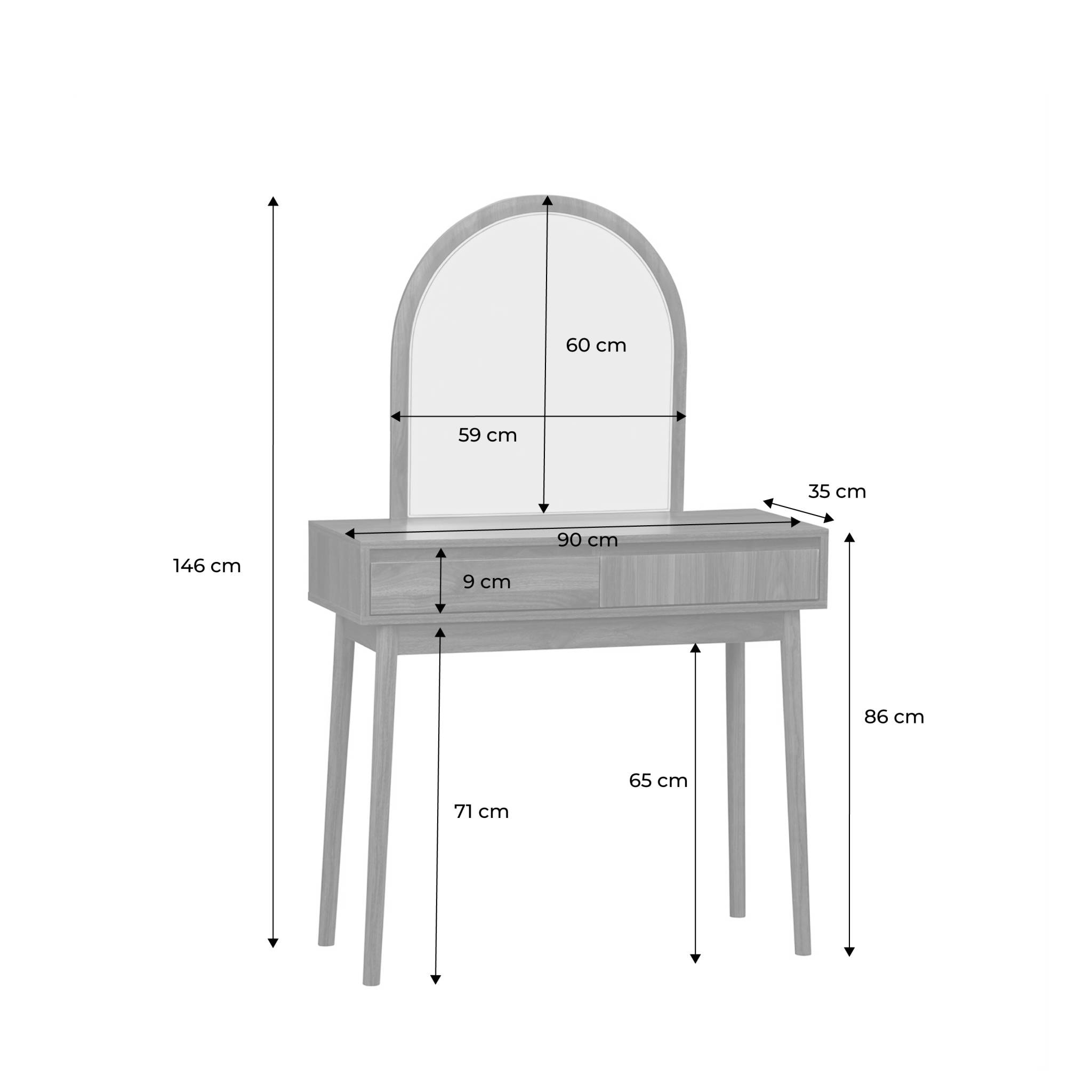 Coiffeuse décor bois LINEAR miroir arrondi 2 tiroirs 90 cm. façade striée. Noyer