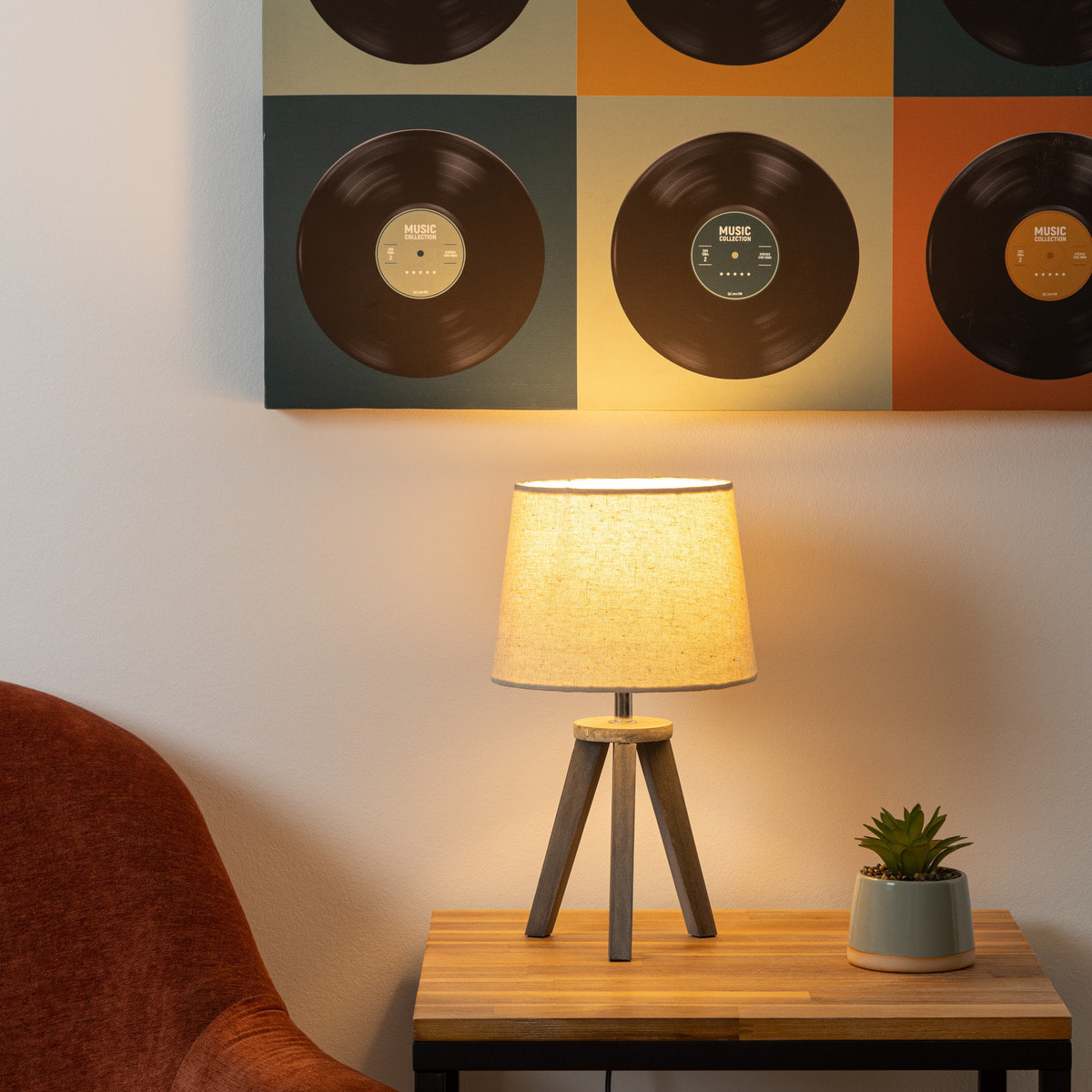 Lampe mini trépied - bois et ivoire H31 cm