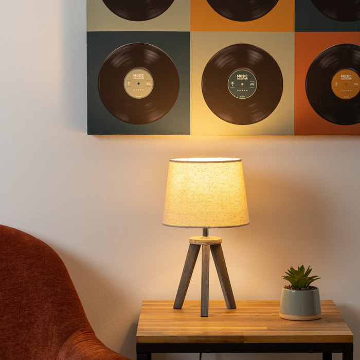 Lampe mini trépied - bois et ivoire H31 cm