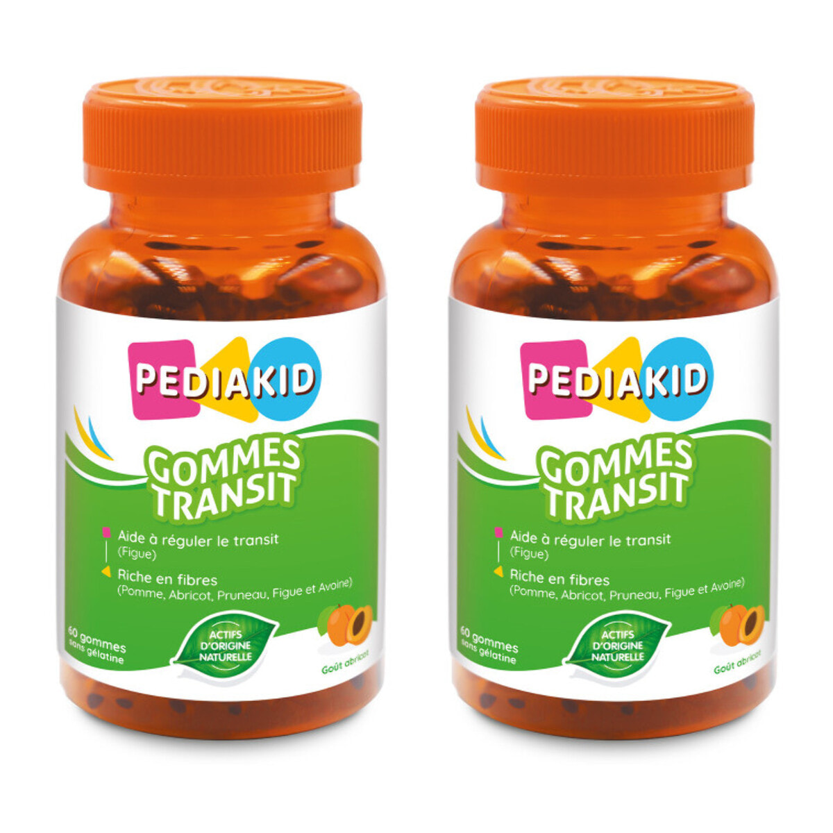 PEDIAKID - Gommes Transit - Complément alimentaire à base de fruits et d'Avoine - Riche en fibres - Aide à réguler le transit intestinal - Arôme naturel abricot - 60 gommes - Lot de 2