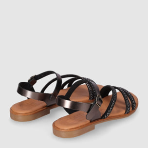 Sandalias de Piel - Plomo - Tacón: Bajo