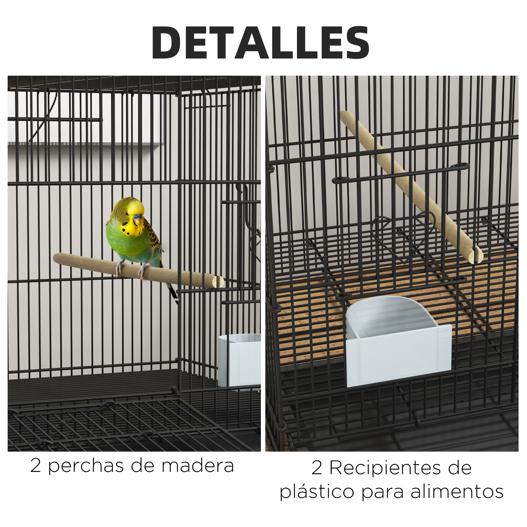 Jaula para Pájaros 77x46x45 cm Jaula Metálica para Aves con Bandeja Extraíble 2 Perchas 2 Comederos para Periquitos Canarios Negro