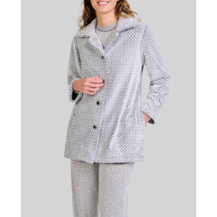 Bata mujer corta tejido Jacquard con dibujo espiga, abertura de botones, bolsillos laterales y manga larga
