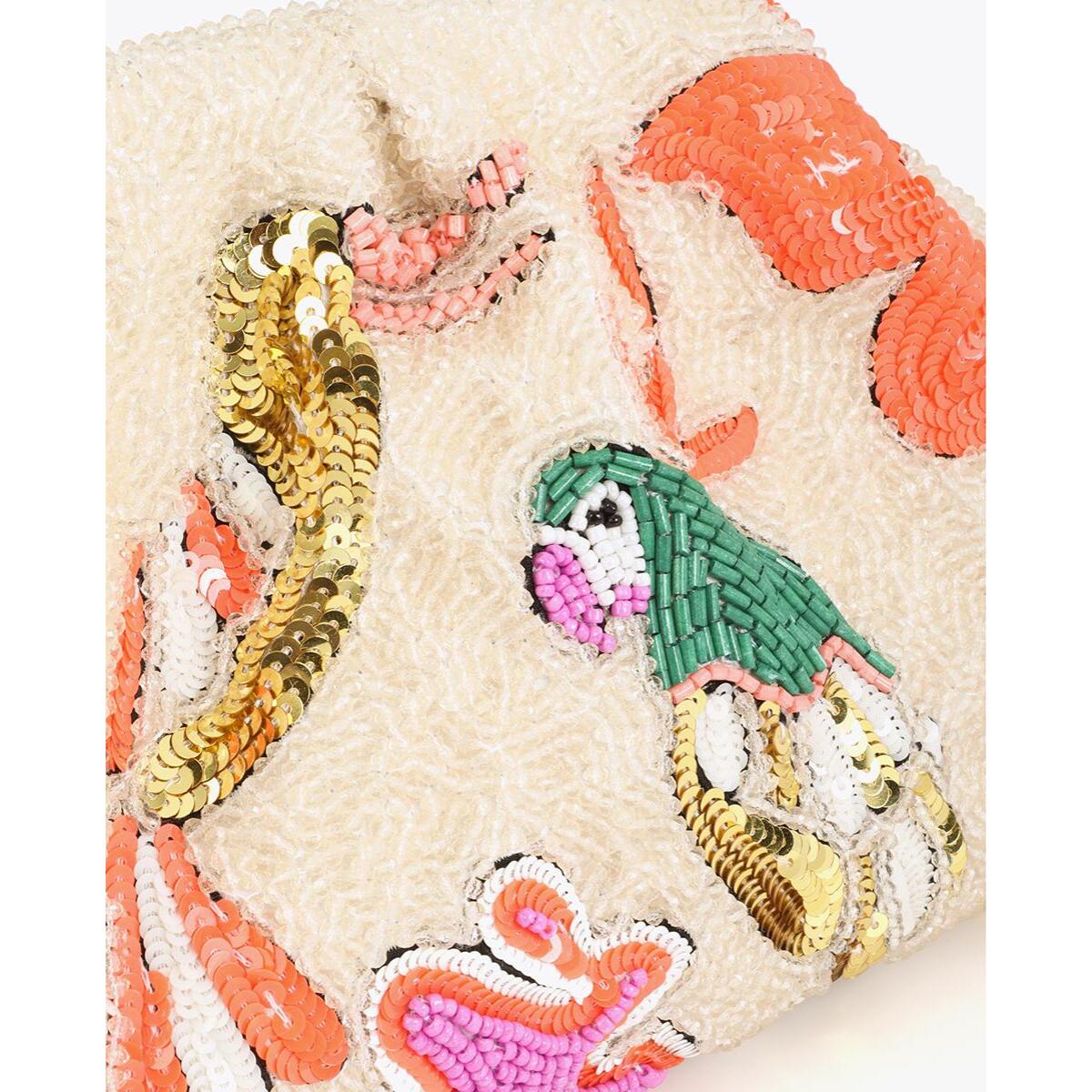 Borsa a mano con strass a forma di pappagallo