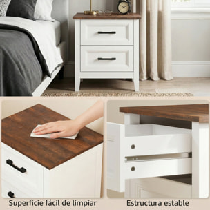 Mesita de Noche, Mesilla de Noche con 2 Cajones, Estilo Rústico, Mesita para Salón, Dormitorio, 45x30x50 cm, Blanco