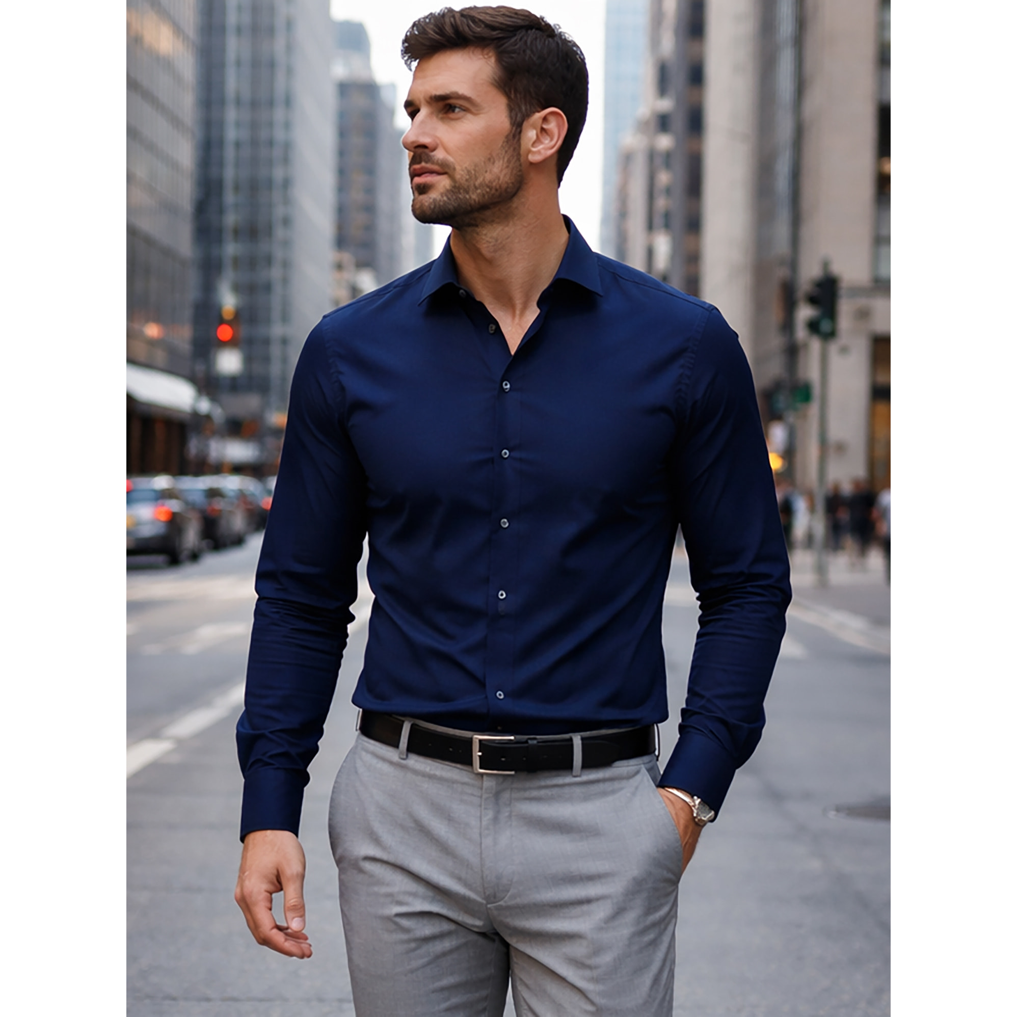 Camicia Uomo 1 Bottone Francese Slim Satin Unito Blu