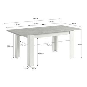 Mesa de comedor extensible en blanco artik y gris cemento 140-190x90 cm Sira Blanco Artik (Blanco Mate) - Gris Cemento