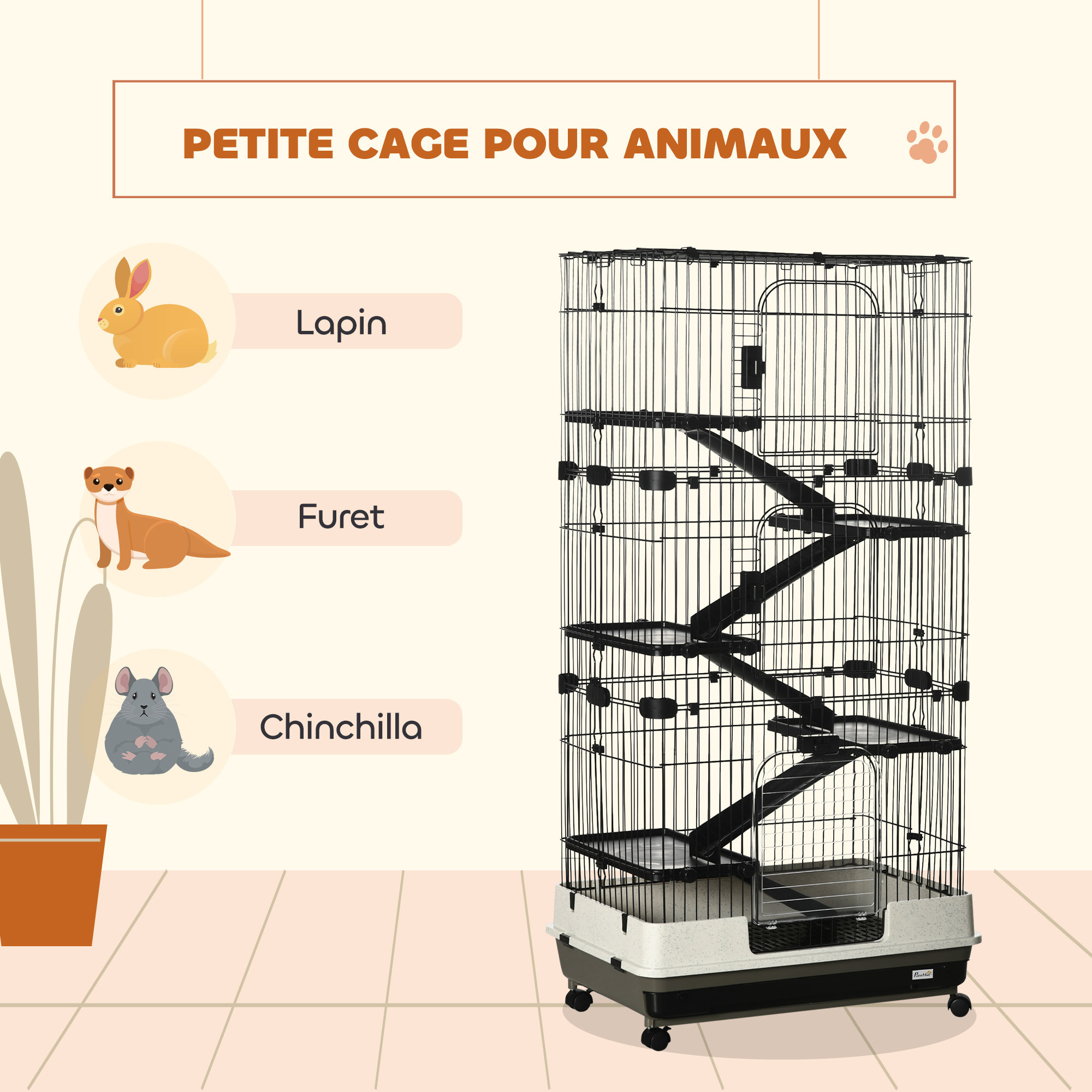 Cage pour cochons d'Inde chinchilla rongeur sur roulettes - 5 étages, 3 portes, plateau déjection - noir gris