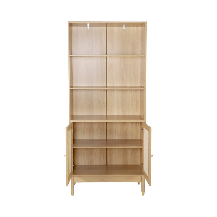 Etagère bibliothèque décor bois et cannage 4 niveaux 2 portes teinte naturelle - 80 x 40 x 178 cm - Judith