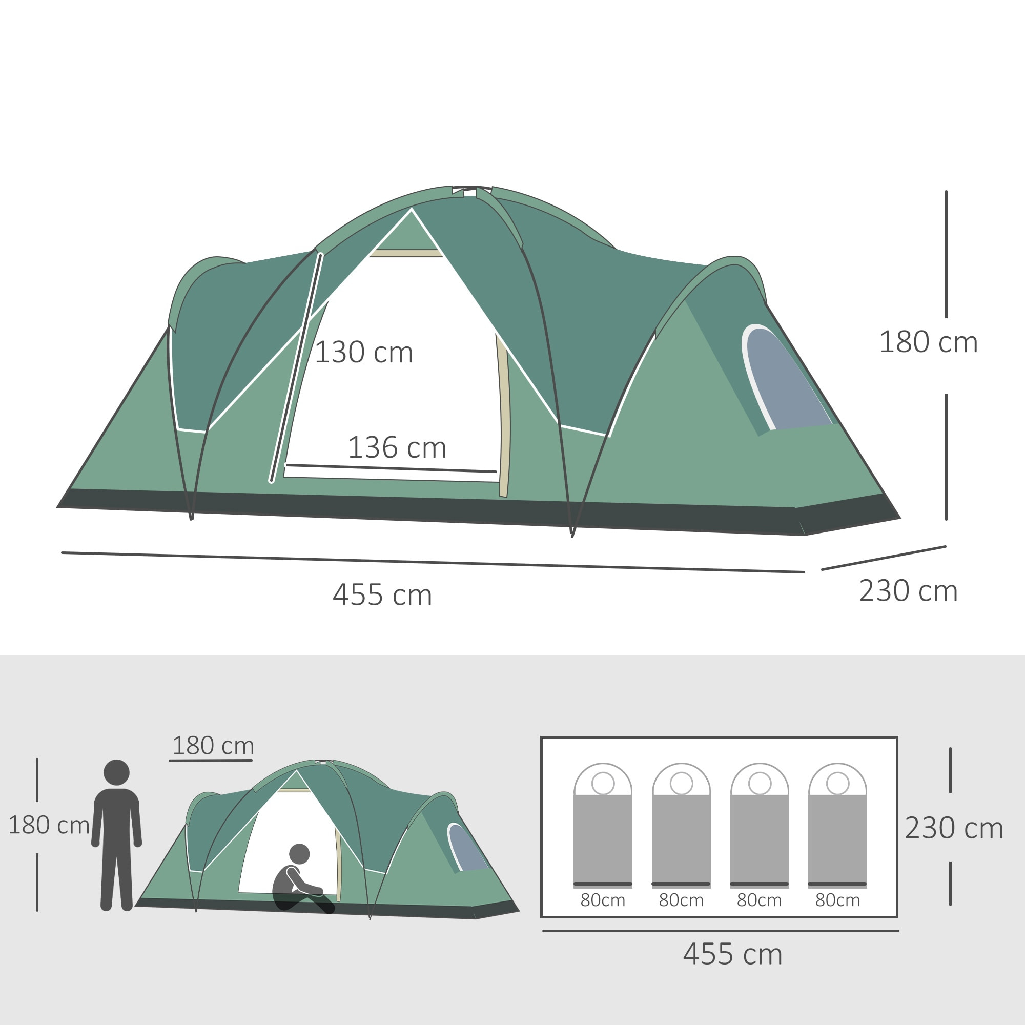 Tente de camping familiale 5-6 pers. - porte, 2 fenêtres - vert