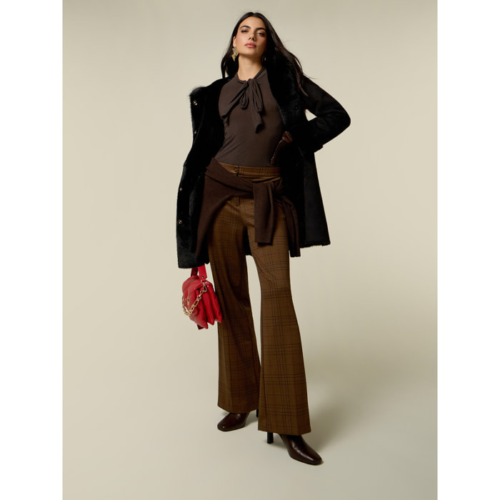 Oltre - Pantalones palazzo en punto Milano de cuadros - Marrón
