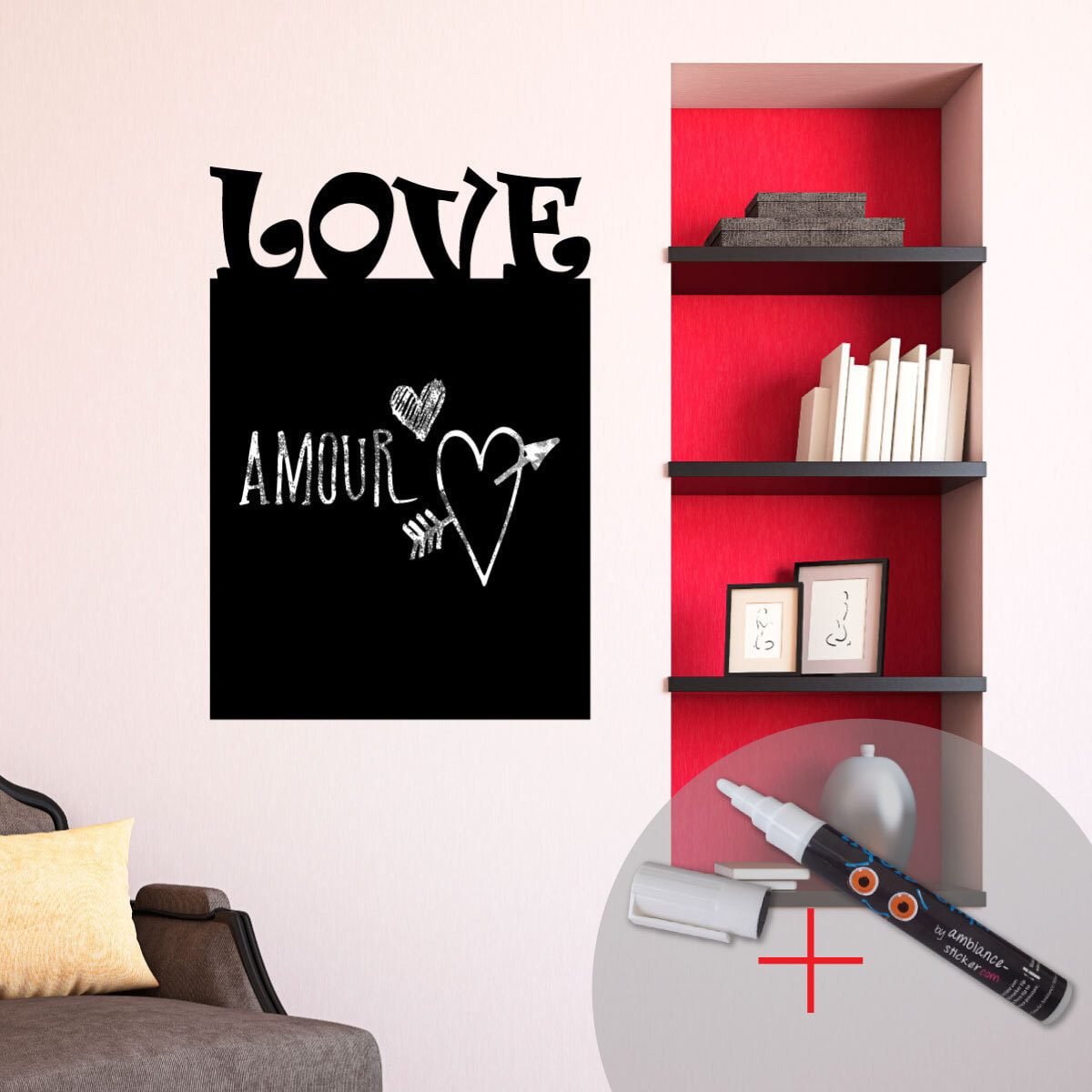 Sticker ardoise tableau noir - stickers muraux adhésif effaçable - LOVE + CRAIE LIQUIDE BLANCHE