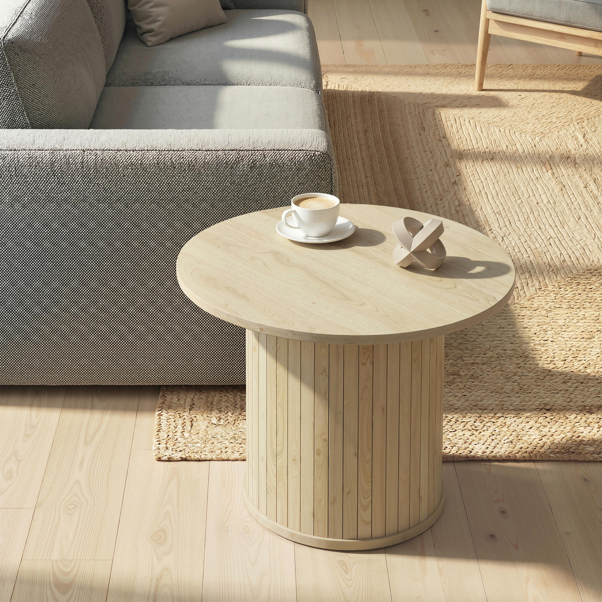 Mesa de Centro, Mesa baja para Salón Redonda con Base de Columna con Listones, para Sala de Estar, Dormitorio, Ø60x40 cm, Natural