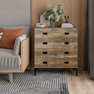 Commode 4 tiroirs style exotique effet bois de manguier piètement poignées métal noir dim. 80 x 39 x 95 cm