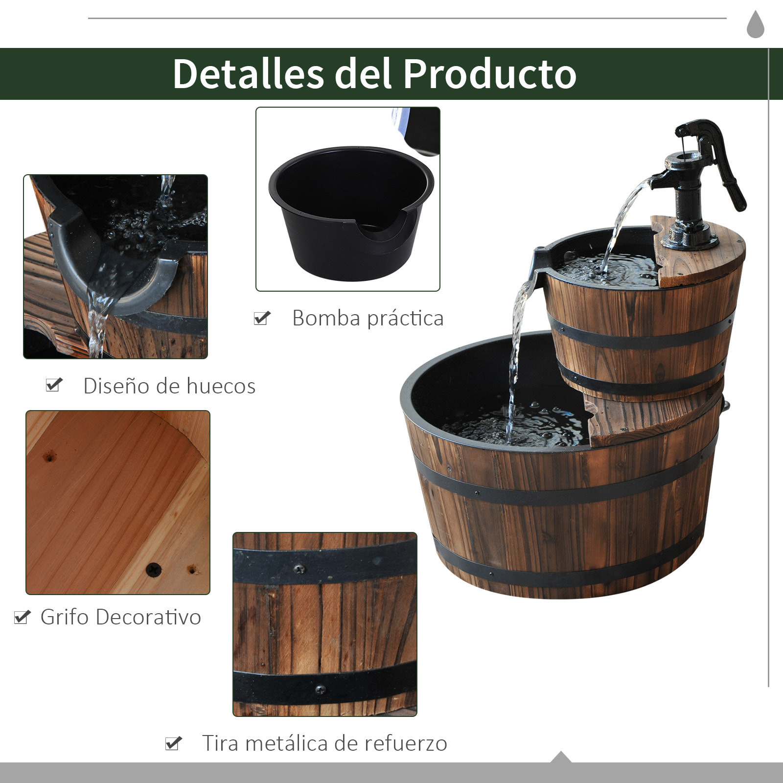Fuente de Agua de Madera Fuente de Jardín en Cascada de 2 Niveles con Bomba Eléctrica y Salida de Agua Ajustable para Decoración Patio Terraza 44,5x44,5x58,5 cm Natural