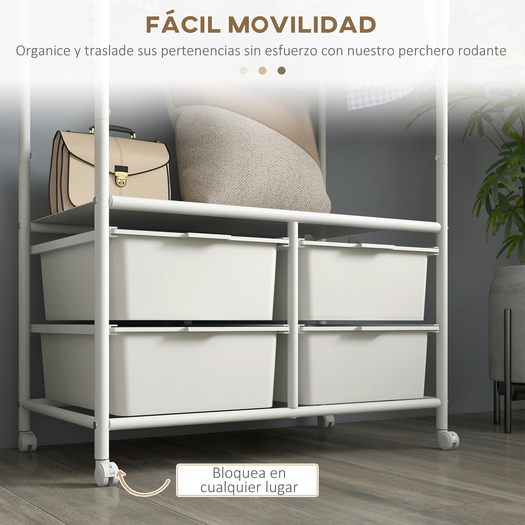 Perchero con Zapatero Moderno con 8 Ganchos 4 Cestas para Zapatos Perchero Entrada con Ruedas y Marco de Acero para Salón Dormitorio Pasillo 63x37x153 cm Blanco