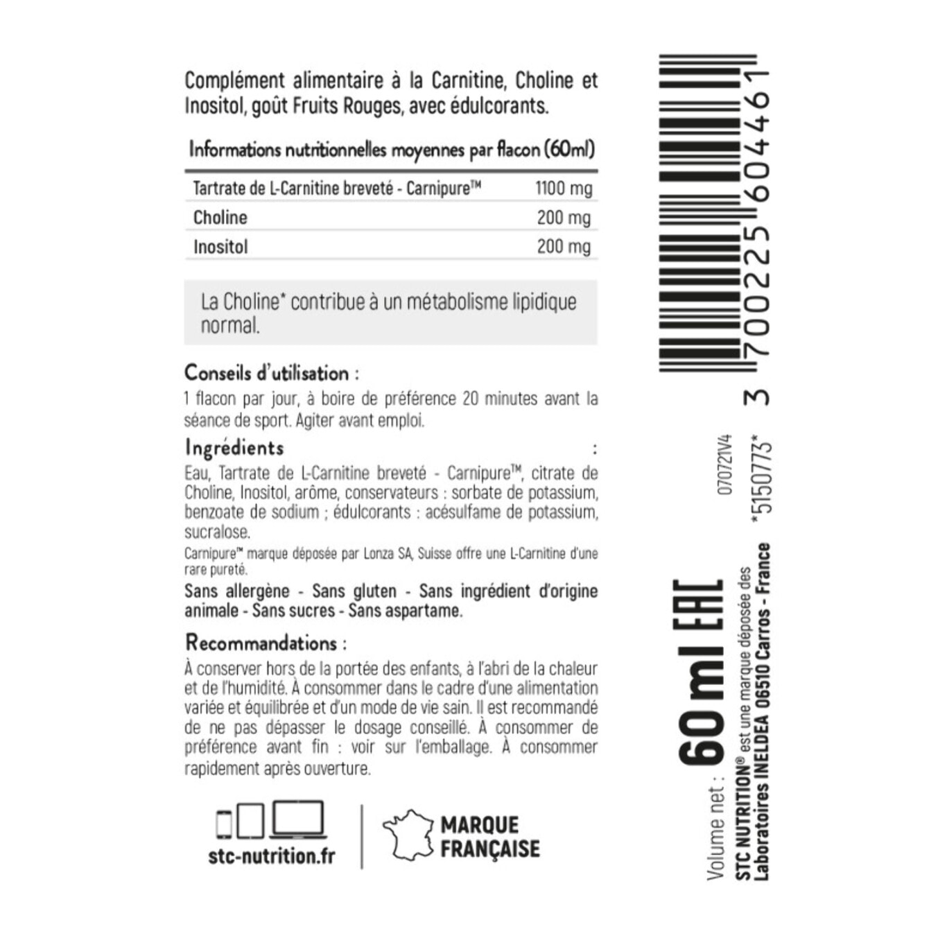 STC NUTRITION - Kill-Fit Shot - Concentré brûle-graisses et énergie - Perte de masse grasse et séchage - L-Carnitine + Choline + Guarana - Goût Fruits rouges -  Flacon de 60ml x 10
