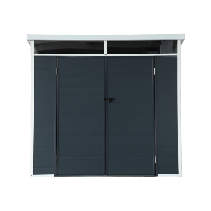 Abri de jardin plastique 4.55 m². anthracite. avec toiture monopente skylight. fenêtre et grande porte d'entrée. 238 x 190 x 215 cm