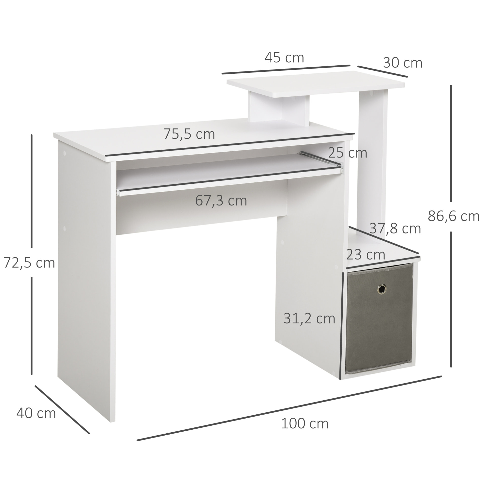 Bureau informatique multimédia étagères tablette clavier panier gris panneaux particules blanc