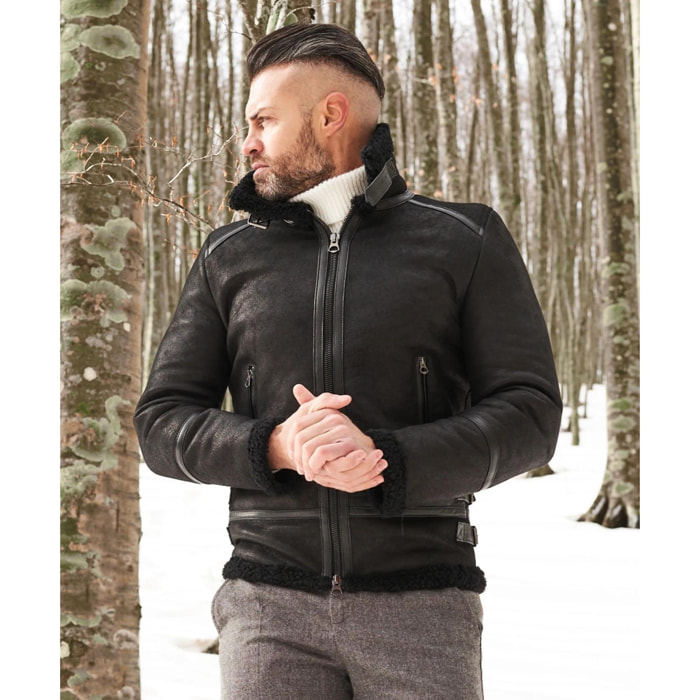 Montone Shearling nero biker uomo collo camicia con fibbia